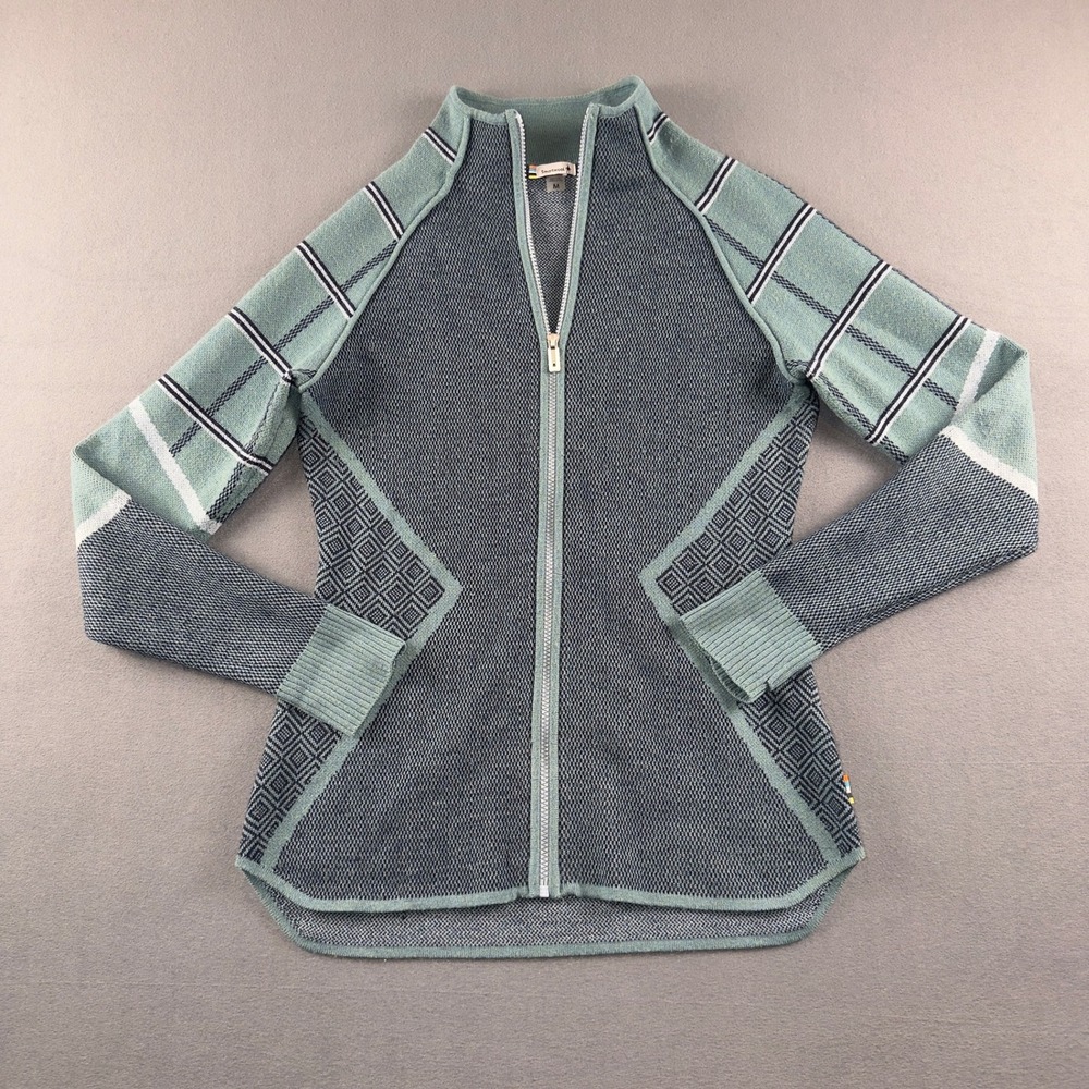 Smartwool Womens Dacono Ski Full-Zip Sweater Blue Green Merino Wool SW016483 M